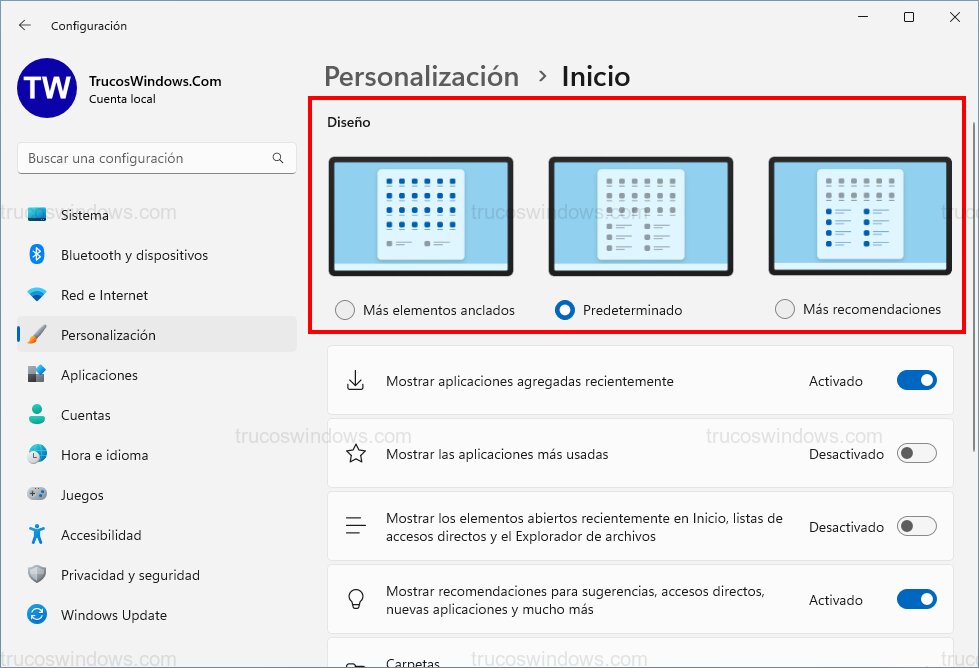 Panel personalización inicio