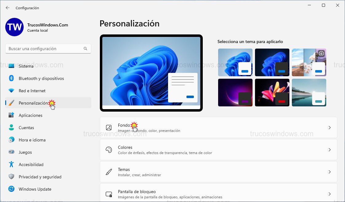 Menú personalización fondo