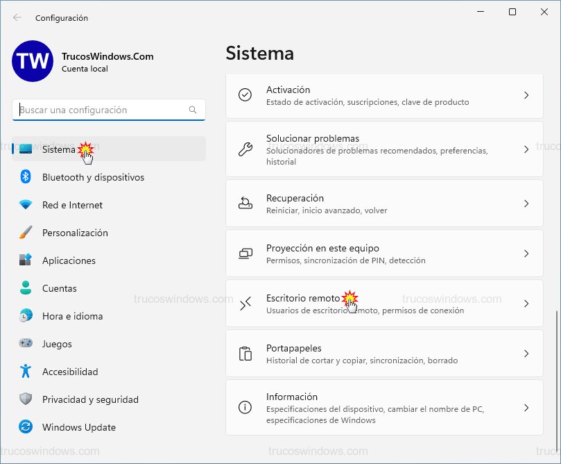 Menú sistema escritorio remoto