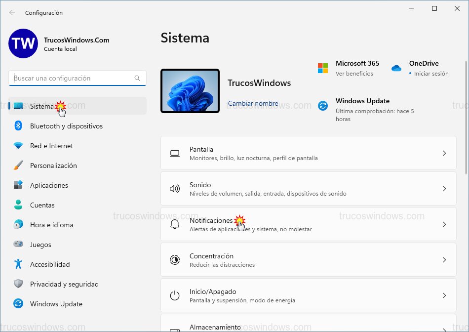 Menú sistema notificaciones